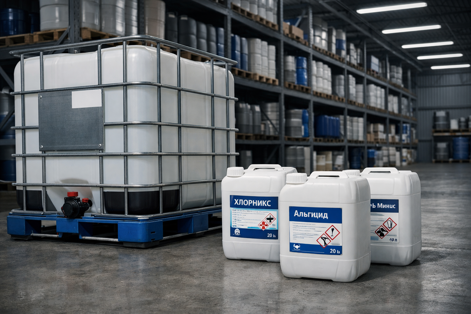 Склад с IBC-контейнерами и канистрами химии