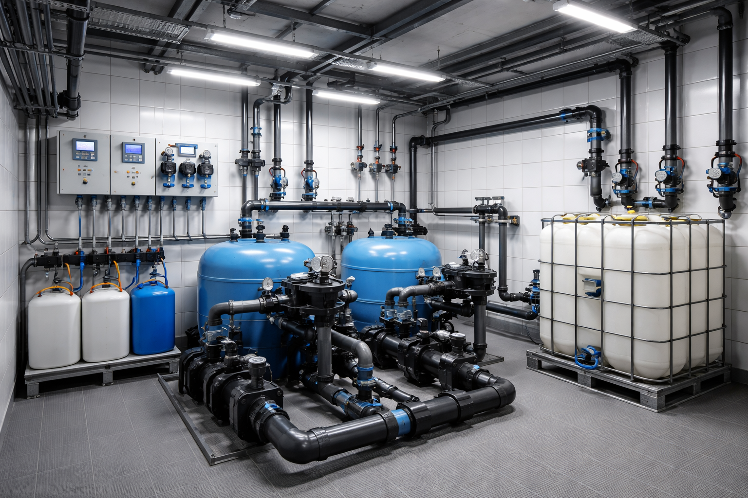 Механическая комната коммерческого бассейна с фильтрацией и дозированием