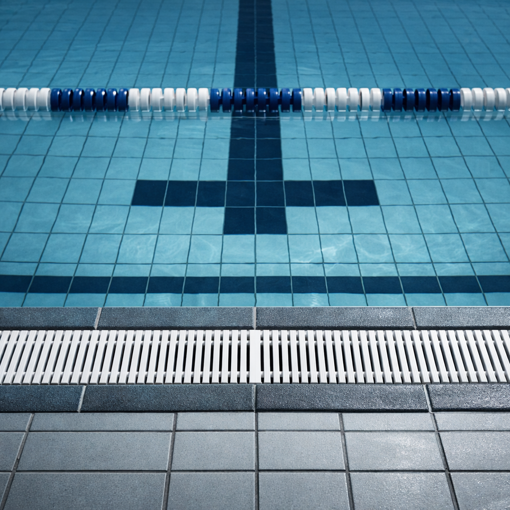 Прозрачная вода в коммерческом бассейне, где плитка и разметка видны без искажений