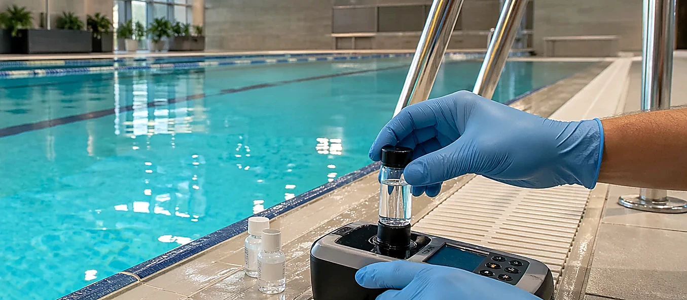 Проверка пробы воды прибором у коммерческого бассейна для стабилизации pH